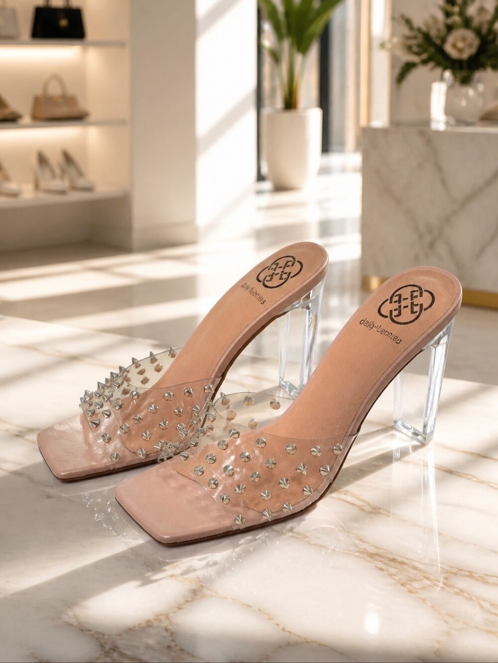 Daisy Fuentes Blush Pink Clear Spike Mule Heels Women's Size 7